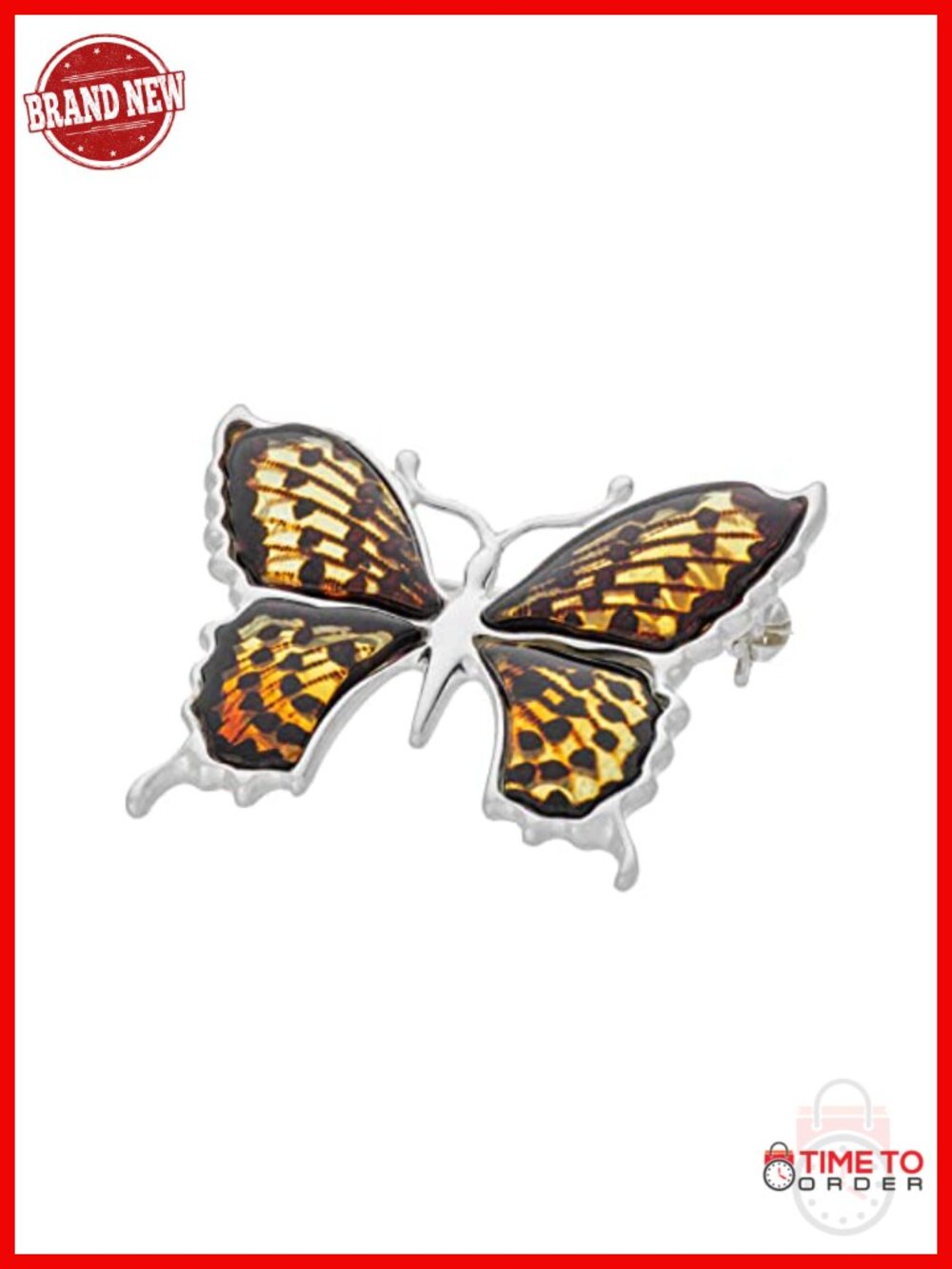 Sterling Silver Butterfly Brooch with Carved Cherry Amber